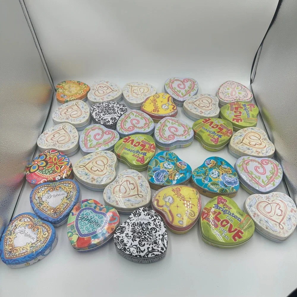 Brighton Heart Shaped Collectible Tins Lot of 30 Mixed Designs Floral Scroll Art